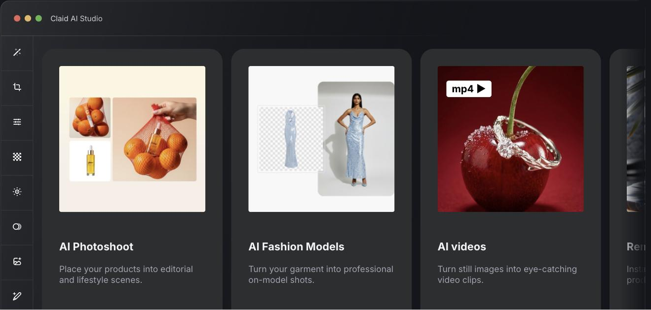 Claid AI Studio window with a left tool rail and three cards showing generated results: AI Photoshoot with product bottles staged in a lifestyle scene, AI Fashion Models with a garment cut-out beside the same dress on a model, and AI videos with an mp4 badge over a cherry product shot.