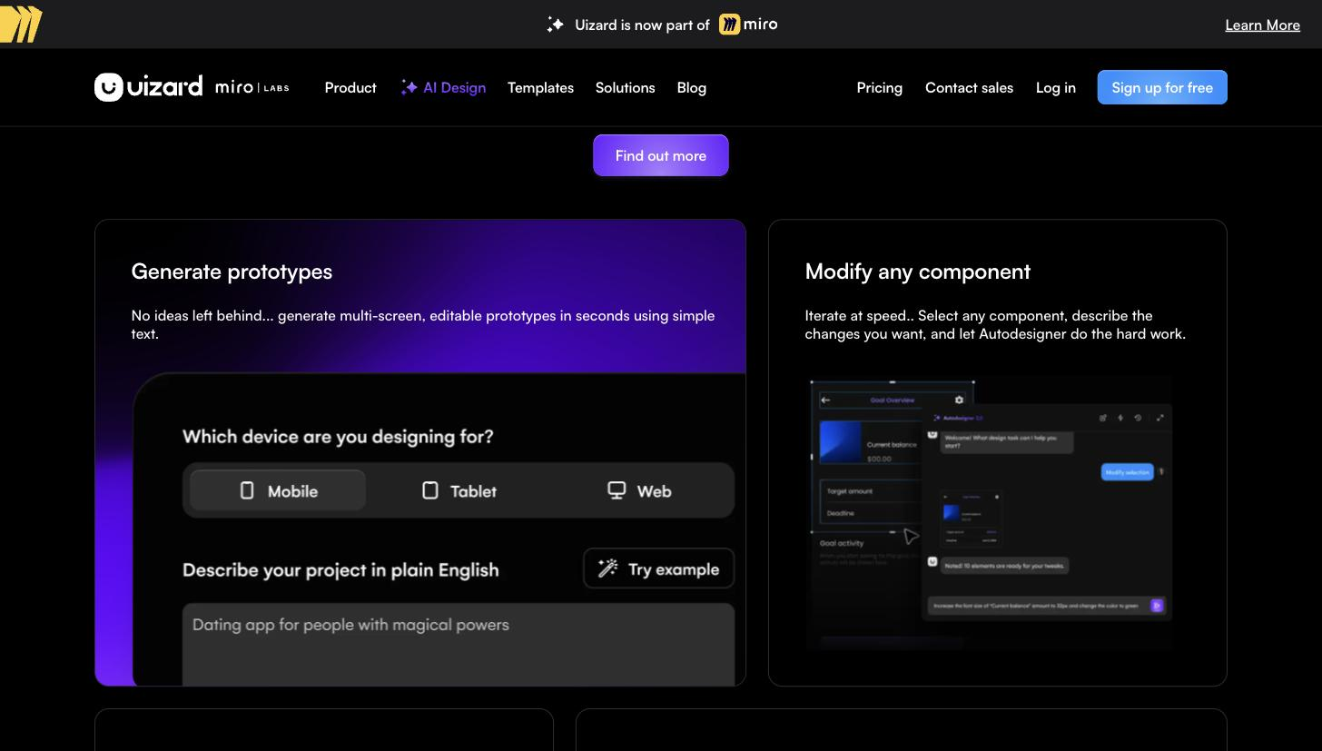 Two side-by-side product panels: 'Generate prototypes' (showing the Autodesigner 'Which device are you designing for?' / 'Describe your project in plain English' prompt UI) and 'Modify any component' (showing an in-app chat-driven editing panel over a mobile screen mockup).