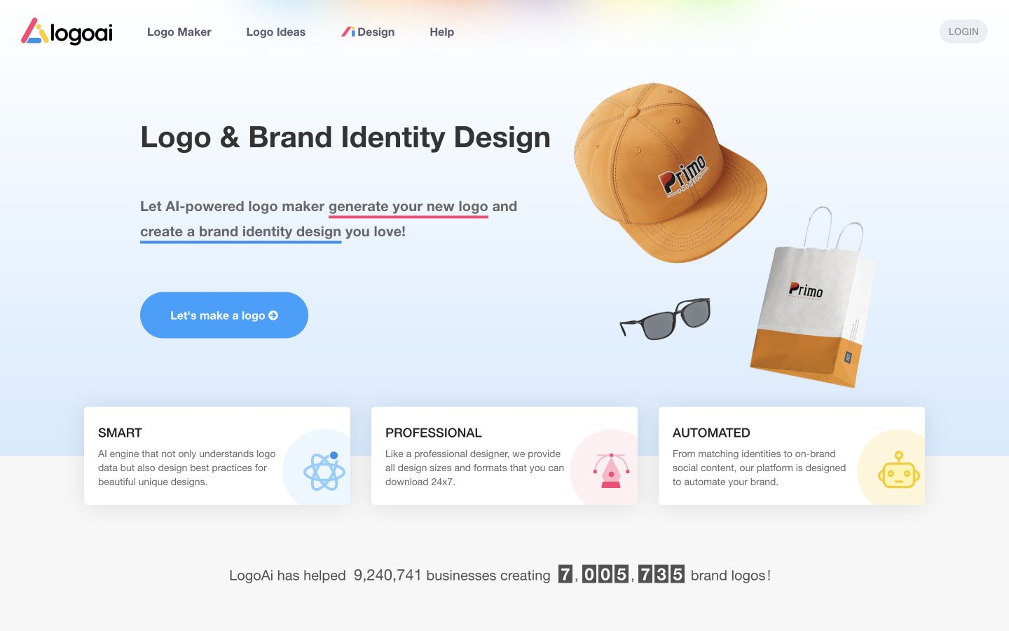 LogoAI homepage with navigation, brand identity proposition, and logo merchandise examples.