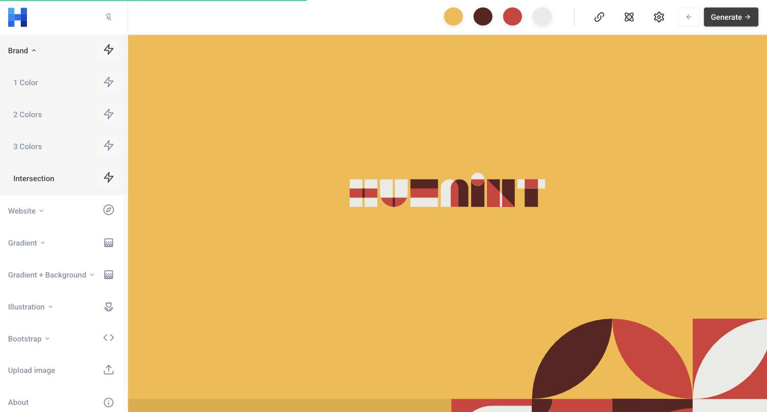 The live Huemint palette generator: a left panel of modes including Brand, 1/2/3 Colors, Intersection, Website, Gradient, Illustration, Bootstrap and Upload image, a top row of four generated swatches in mustard, dark brown, red and cream with a Generate button, and a large brand-mockup canvas rendering a geometric 'HUEMINT' logo composition in that palette.