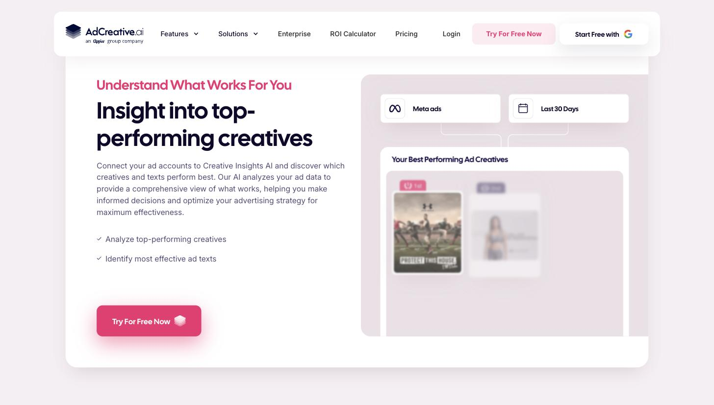 Creative Insights analytics dashboard mock: Meta ads / Last 30 Days filters and a 'Your Best Performing Ad Creatives' panel with ranked ad-creative thumbnails.