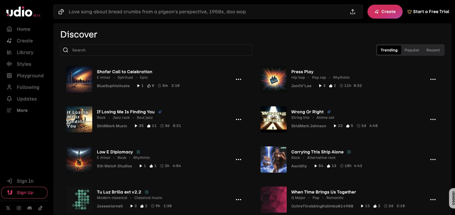Udio Discover feed showing the app's sidebar navigation and a grid of publicly listed AI-generated tracks with cover art, genre tags, and play/like counts.