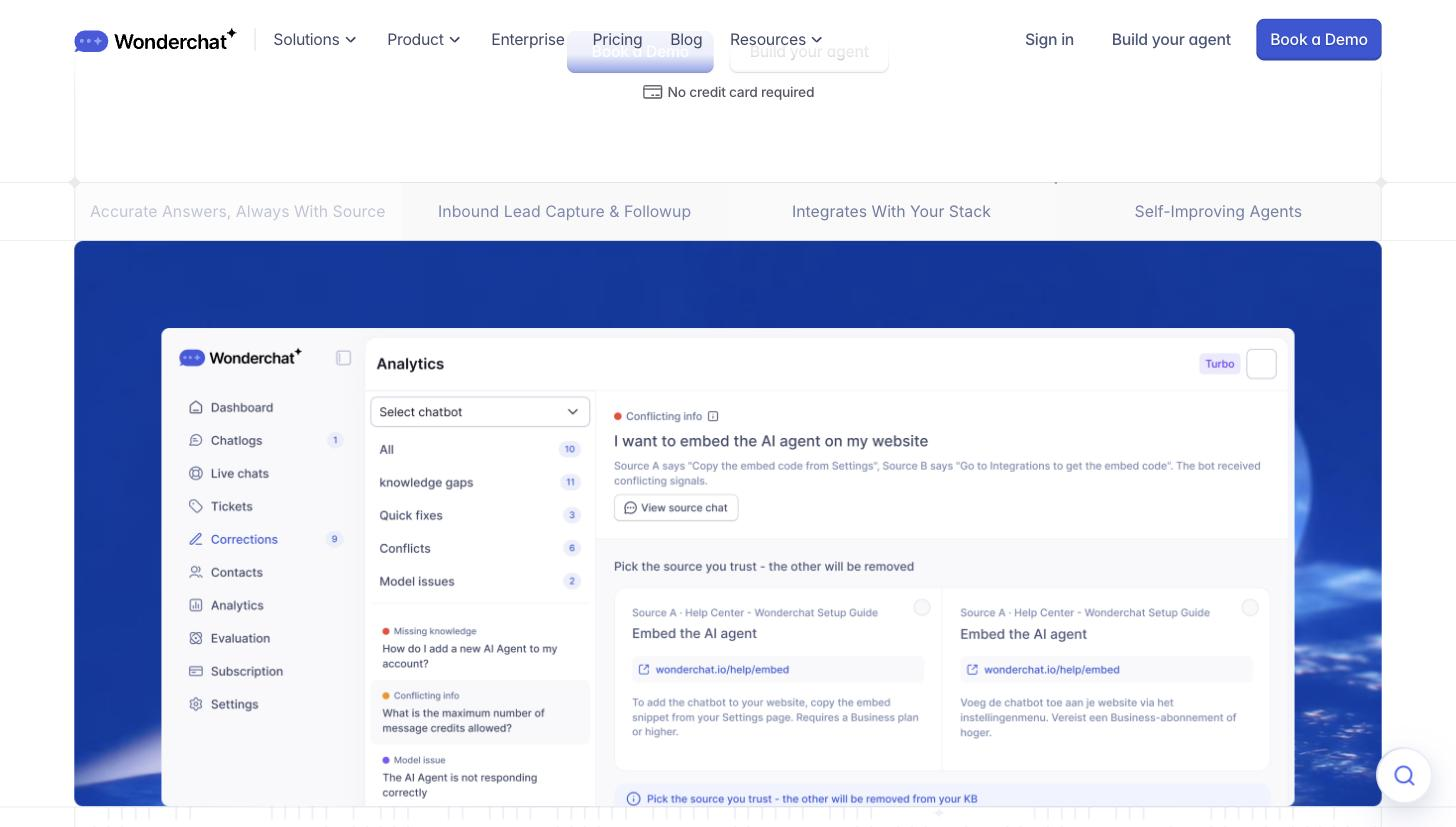 Product-dashboard screenshot titled 'Analytics' with a left-hand navigation (Dashboard, Chatlogs, Live chats, Tickets, Corrections, Contacts, Analytics, Evaluation, Subscription, Settings) and a 'Conflicting info' correction panel showing two candidate knowledge-source answers for 'I want to embed the AI agent on my website' with a 'Pick the source you trust' chooser.