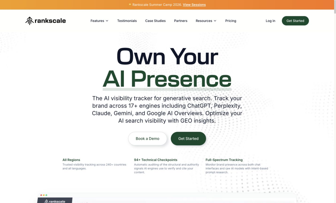 Rankscale official product page showing the vendor identity, navigation, and main product proposition.