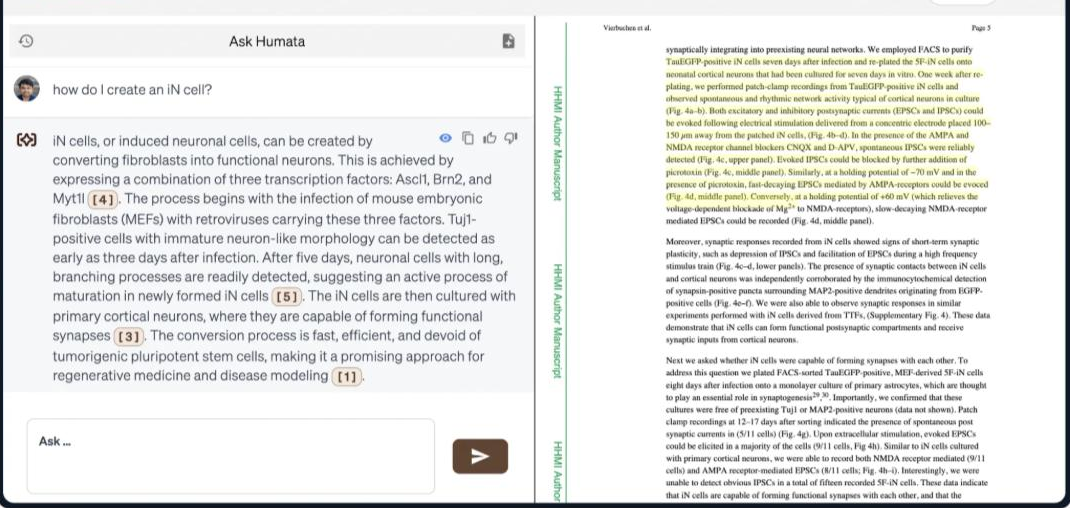 Humata's two-pane document interface: a left 'Ask Humata' chat where the question 'how do I create an iN cell?' returns a multi-sentence AI answer with inline citation chips [4], [5], [3] and [1] and an 'Ask...' input, beside a right pane showing the source scientific PDF the answer was drawn from.
