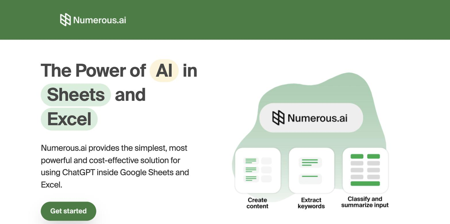 Numerous.ai homepage hero 'The Power of AI in Sheets and Excel' with body text describing ChatGPT inside Google Sheets and Excel, a Get started button, and a feature illustration showing Create content, Extract keywords, and Classify and summarize input