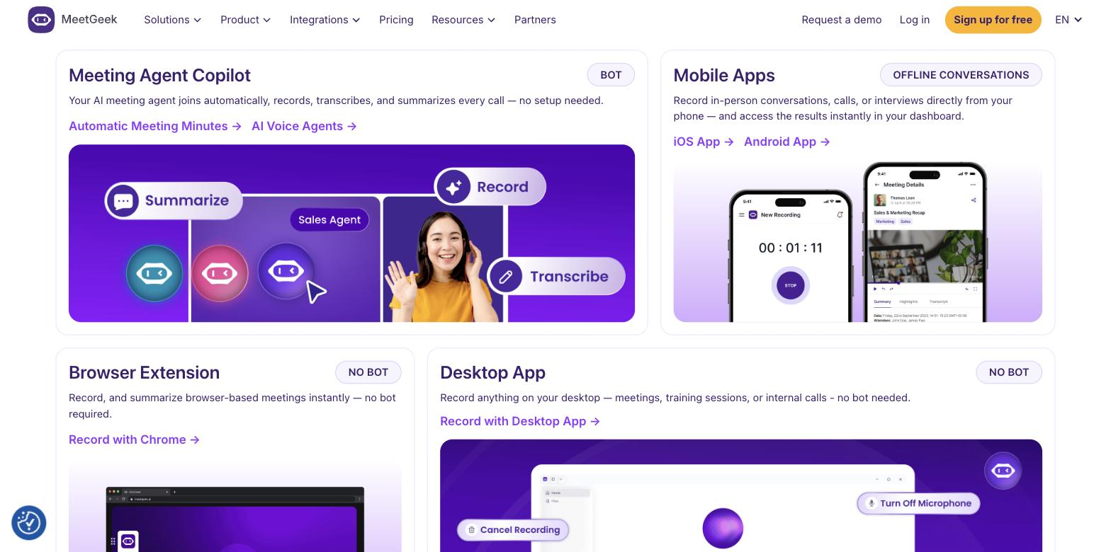 MeetGeek homepage feature section showing capture options: a 'Meeting Agent Copilot' graphic (Summarize/Record/Transcribe), a 'Mobile Apps' card displaying the MeetGeek phone app with an active recording timer and a meeting-details screen, plus Browser Extension and Desktop App cards