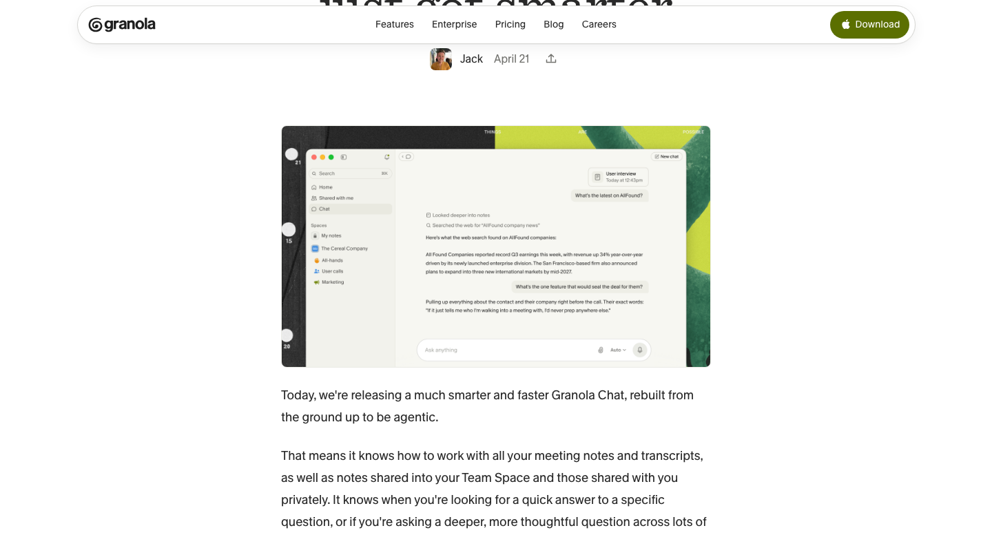 Granola blog post page with a screenshot of the Granola Chat interface, showing a notes sidebar (spaces like The Cereal Company, All-hands) and a chat panel discussing a company's earnings, next to text about the new agentic Granola Chat release.