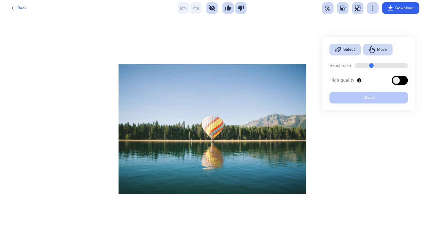 Clipdrop 'Cleanup' object-removal editor in action: a loaded example photo (hot-air balloon over a lake) with the editing panel (Select/Move tools, brush-size slider, High quality toggle, Clean button) and toolbar.