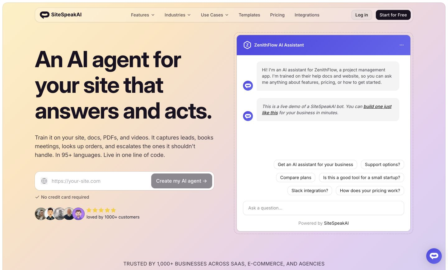 SiteSpeakAI official product page showing the vendor identity, navigation, and main product proposition.