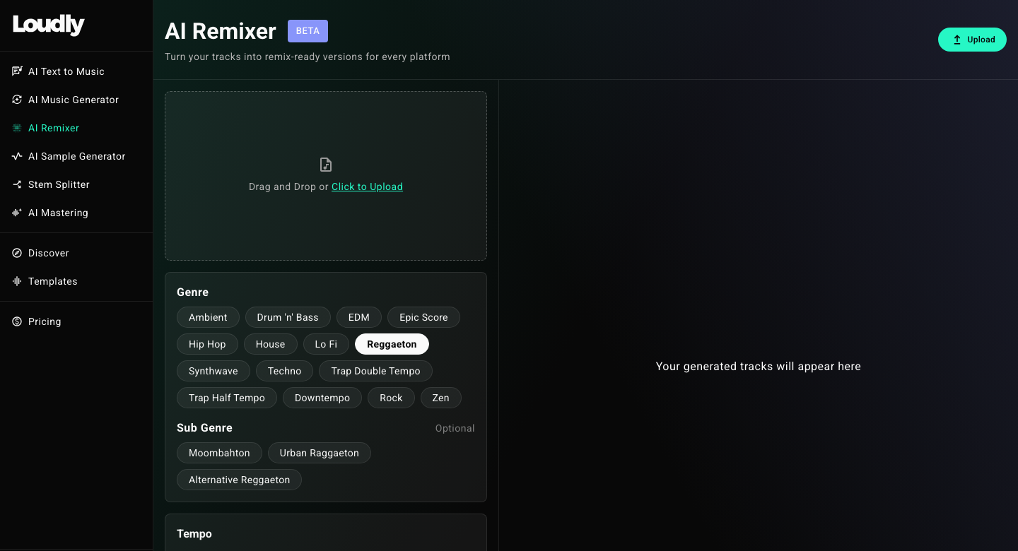 Loudly's AI Remixer tool interface with a left sidebar (AI Text to Music, AI Music Generator, AI Remixer, AI Sample Generator, Stem Splitter, AI Mastering), an upload area, and genre buttons with Reggaeton selected.