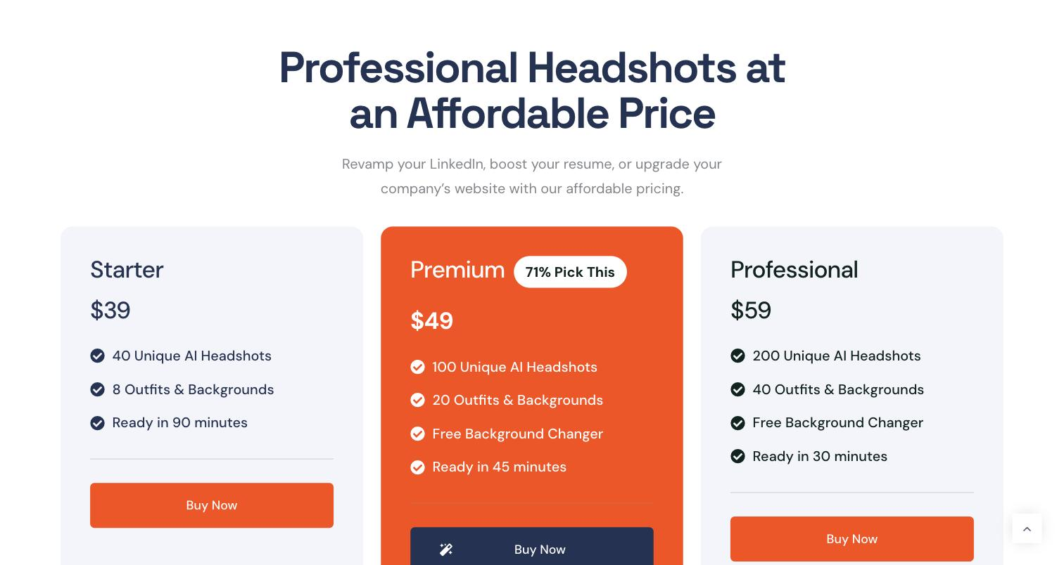 ProPhotos public homepage, pricing/plan comparison section 'Professional Headshots at an Affordable Price': three plan cards (Starter $39/40 headshots, Premium $49/100 headshots marked '71% Pick This', Professional $59/200 headshots) each listing outfits/backgrounds count and turnaround time.