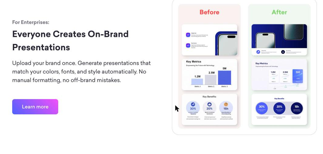 Decktopus 'For Enterprises: Everyone Creates On-Brand Presentations' section: descriptive text on the left about generating presentations that match your colors, fonts and style, beside a before/after graphic where a red 'Before' panel shows a plain deck and a green 'After' panel shows the same deck restyled on-brand, each with a title slide, a Key Metrics bar-chart slide and a Key Benefits slide with 30%, 20% and 15h stats.