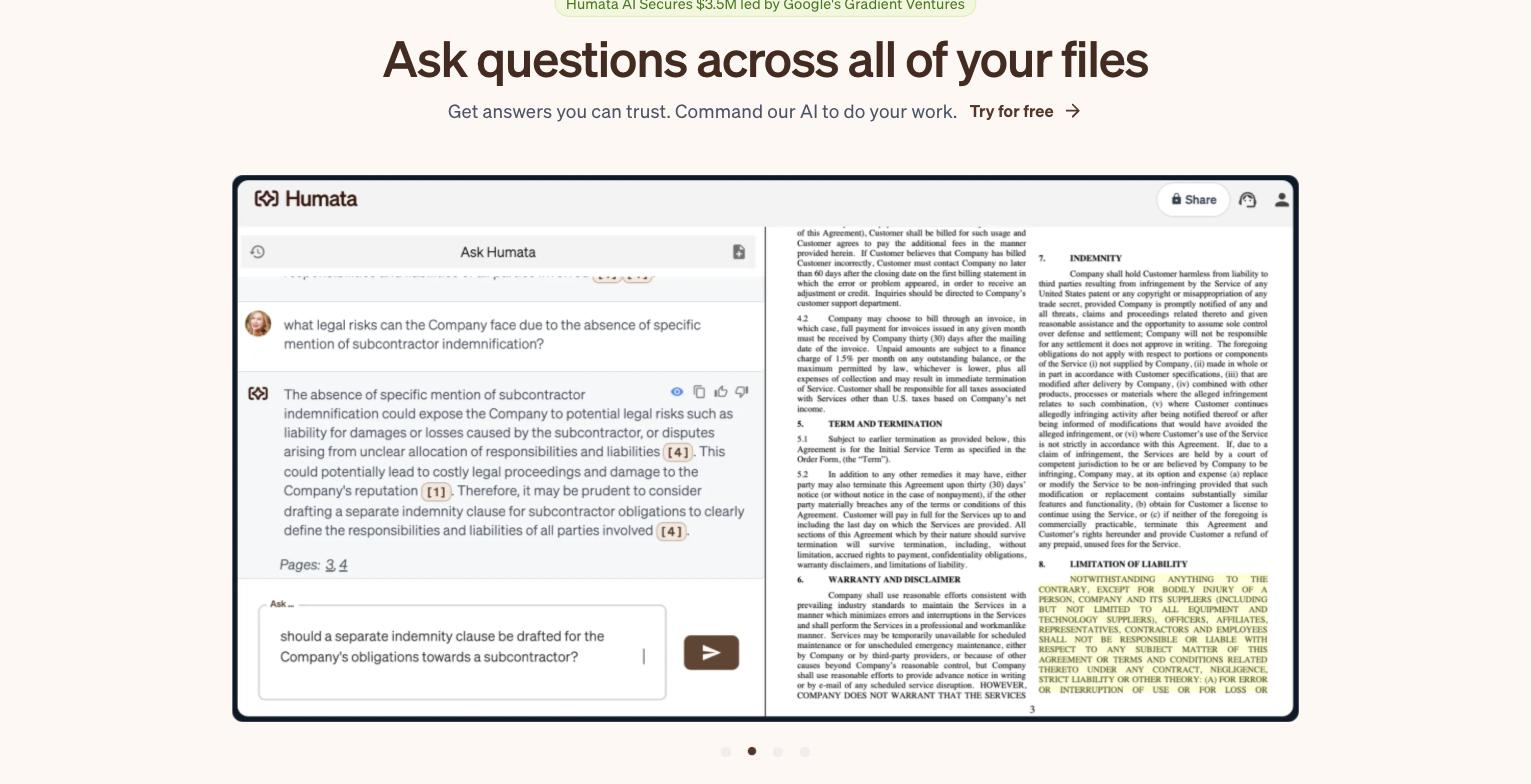 Humata two-pane document Q&A interface analyzing a legal services contract: "Ask Humata" chat asking "what legal risks can the Company face due to the absence of specific mention of subcontractor indemnification?" with a cited answer referencing Indemnity/Term and Termination/Limitation of Liability clauses, beside the source contract pages.