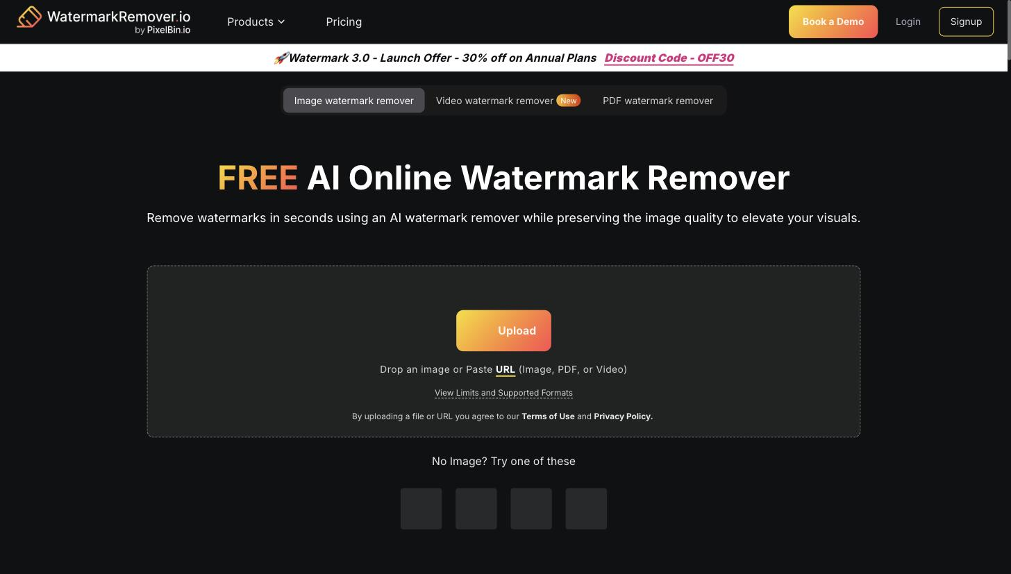 WatermarkRemover.io web app interface with 'Image / Video / PDF watermark remover' tabs and a central upload panel offering an 'Upload' button plus drag-and-drop or paste-URL options.