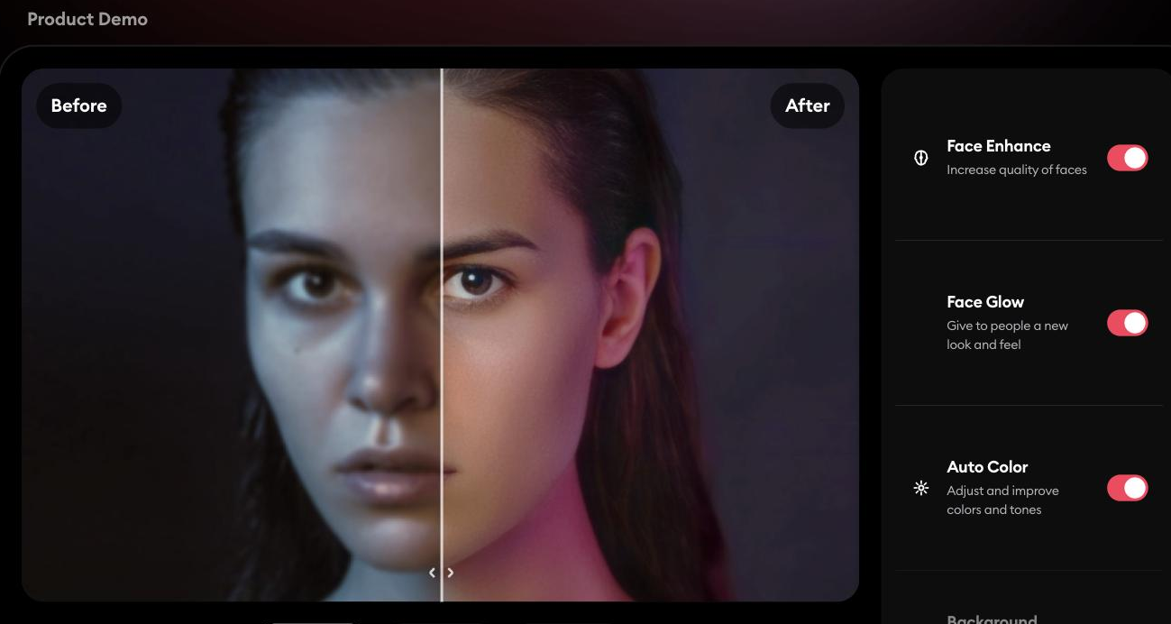 Remini Product Demo showing a split before/after portrait where the right half is enhanced to sharper detail and better colour, alongside toggle controls for Face Enhance, Face Glow and Auto Color