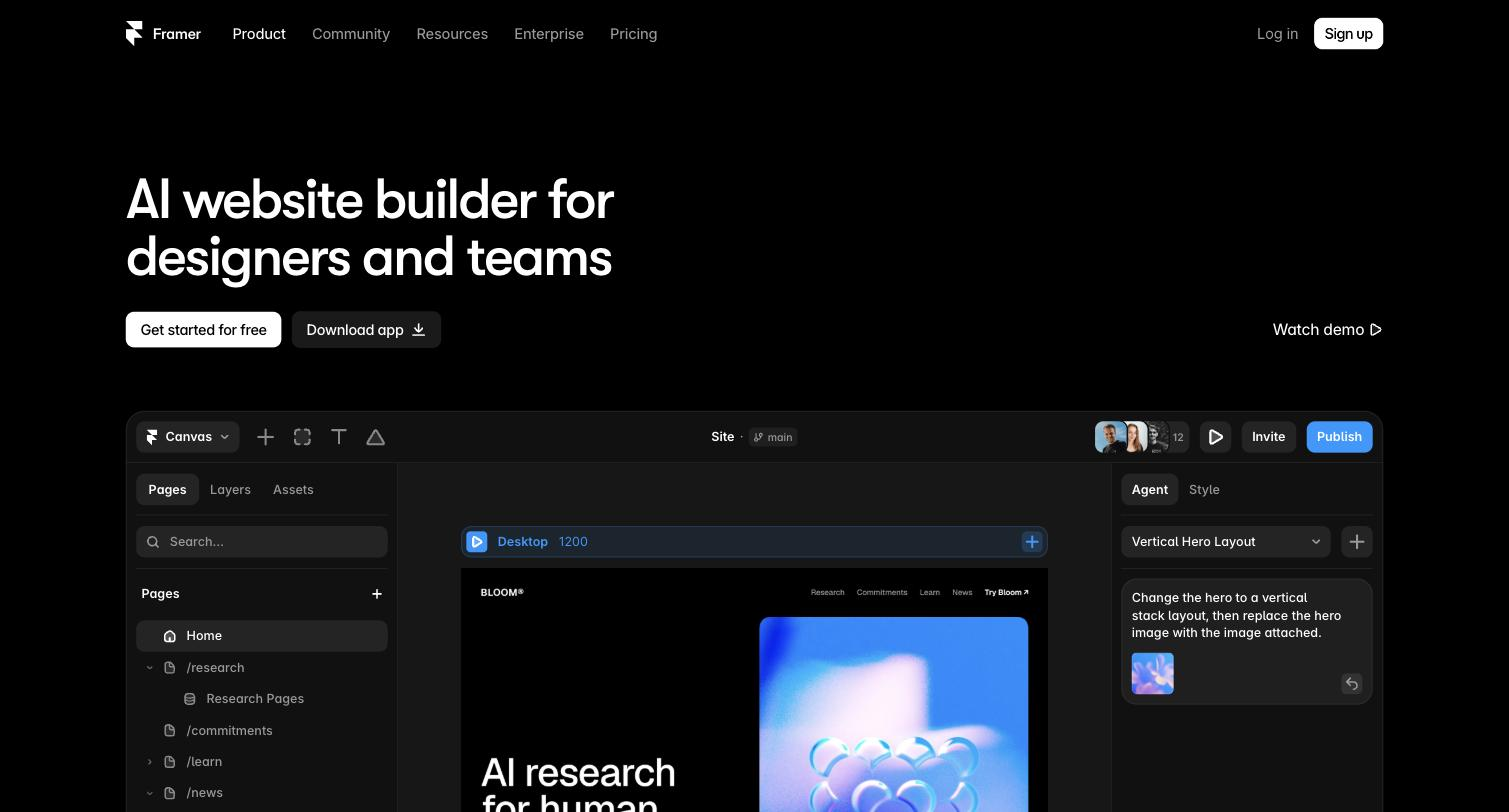Framer's AI website builder embedded in the framer.com/ai hero: a left Pages panel listing Home, /research, /commitments, /learn and /news, a central Desktop canvas rendering a 'BLOOM' site with an 'AI research for human' headline, and a right Agent panel with a 'Vertical Hero Layout' selector and a typed prompt reading 'Change the hero to a vertical stack layout, then replace the hero image with the image attached.'