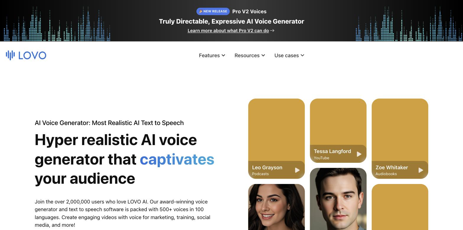 LOVO AI voice generator homepage with the headline 'Hyper realistic AI voice generator that captivates your audience' beside a grid of voice persona cards (Leo Grayson/Podcasts, Tessa Langford/YouTube, Zoe Whitaker/Audiobooks) each with a play button