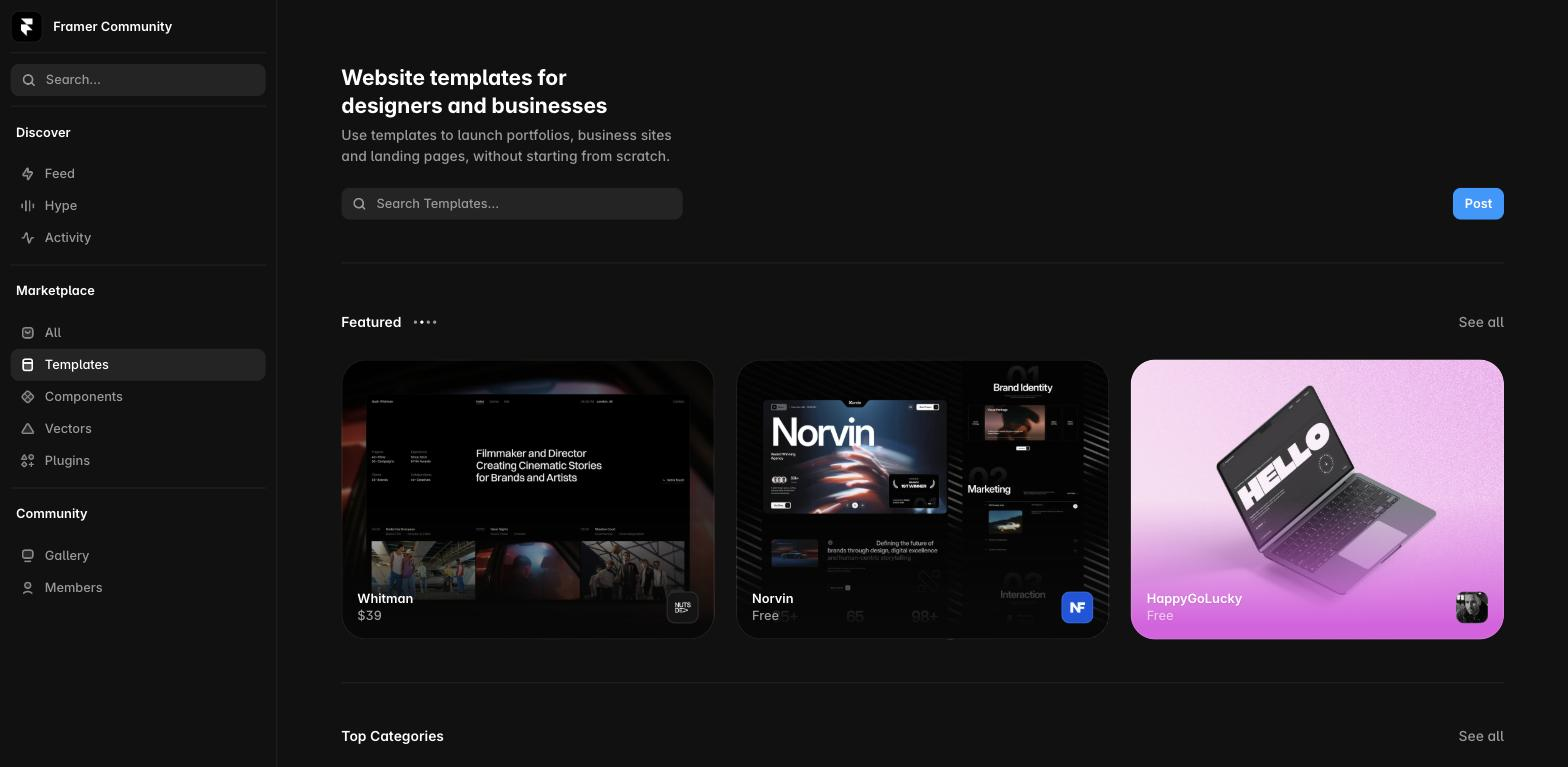 Framer Community marketplace page titled 'Website templates for designers and businesses' with a category sidebar and three featured template thumbnails (Whitman, Norvin, HappyGoLucky).