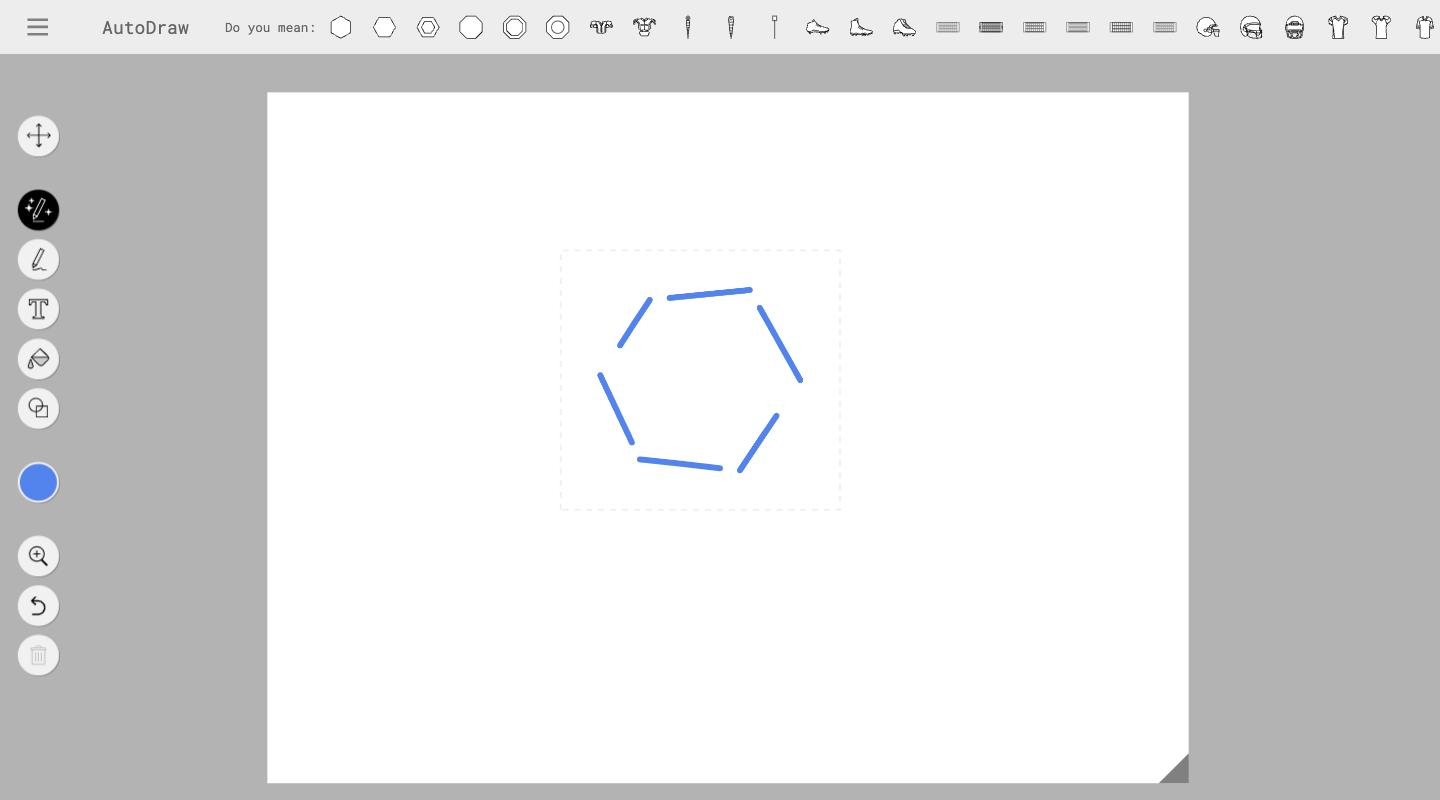 AutoDraw canvas with a rough hand-drawn six-sided shape and the tool's suggestion bar populated across the top with proposed replacement drawings, alongside the left toolbar of draw, shape, text, fill and zoom tools.