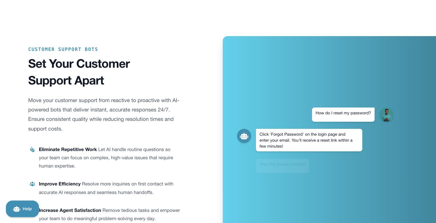 DocsBot customer-support feature panel: a teal-themed chat mockup answering "How do I reset my password?" with a step-by-step reply and a "Was this answer helpful?" prompt, alongside feature bullets (Eliminate Repetitive Work, Improve Efficiency, Increase Agent Satisfaction).