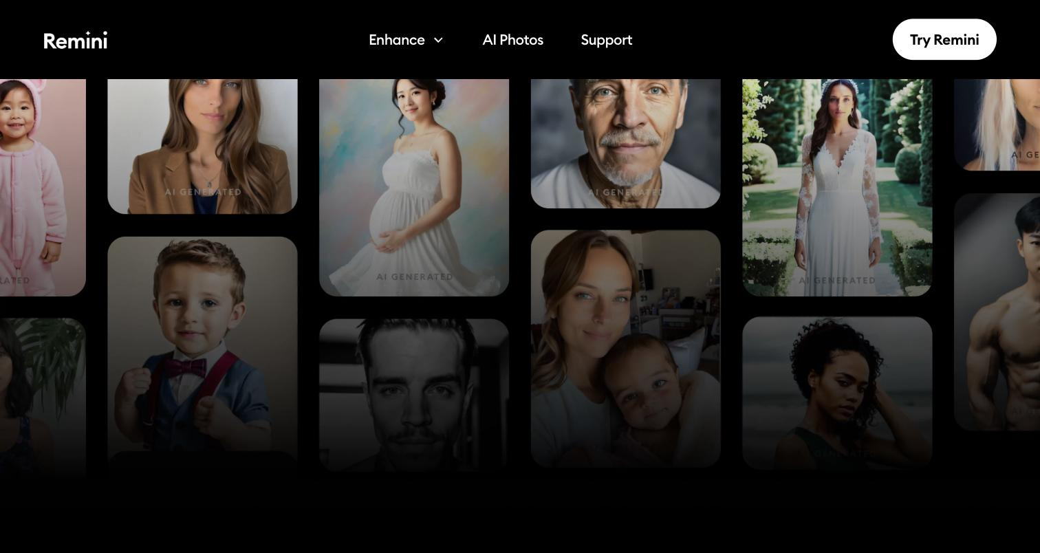 Remini public 'AI Photos' page: a dark masonry gallery of AI-generated portrait outputs labeled 'AI GENERATED' (child in costume, professional woman headshot, maternity portrait, older man portrait, bride portrait, family photo, athletic portrait), showcasing the AI photo-generation feature.