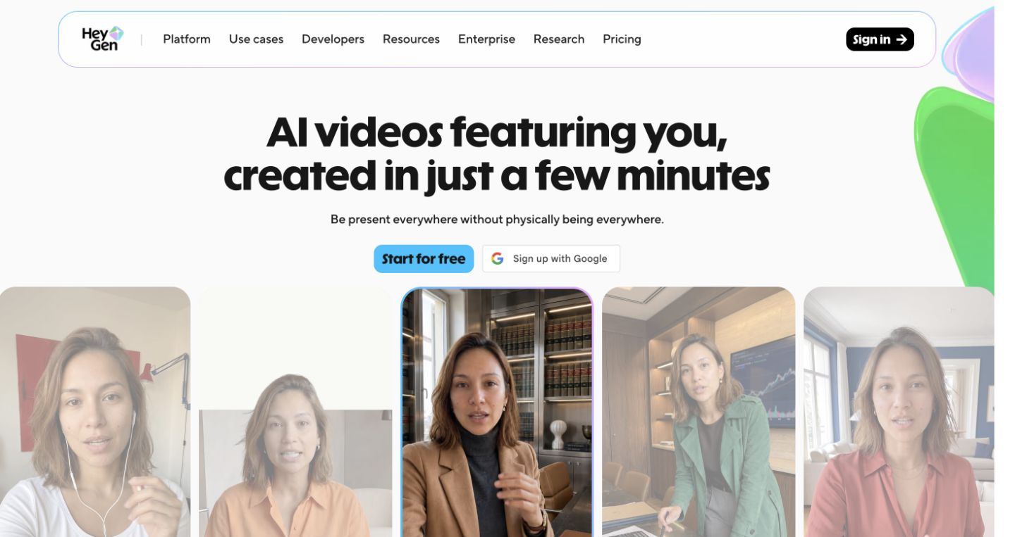 HeyGen homepage with navigation, AI video proposition, and public avatar examples.