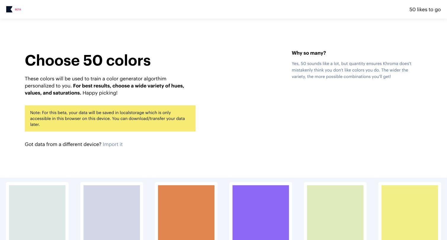 Khroma's live 'Choose 50 colors' training screen: instructions explaining that the picked colors train a personalized color-generator algorithm, a note that data is saved in browser localstorage for the beta, a '50 likes to go' counter, and a grid of selectable colour swatches in sage, lavender, orange, purple, pale green and yellow.