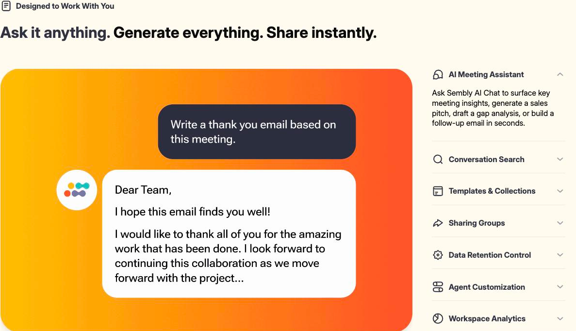 Sembly AI product demo where a prompt 'Write a thank you email based on this meeting' produces a drafted thank-you email, beside a feature list including AI Meeting Assistant, Conversation Search, Templates & Collections, Sharing Groups, Data Retention Control, Agent Customization and Workspace Analytics