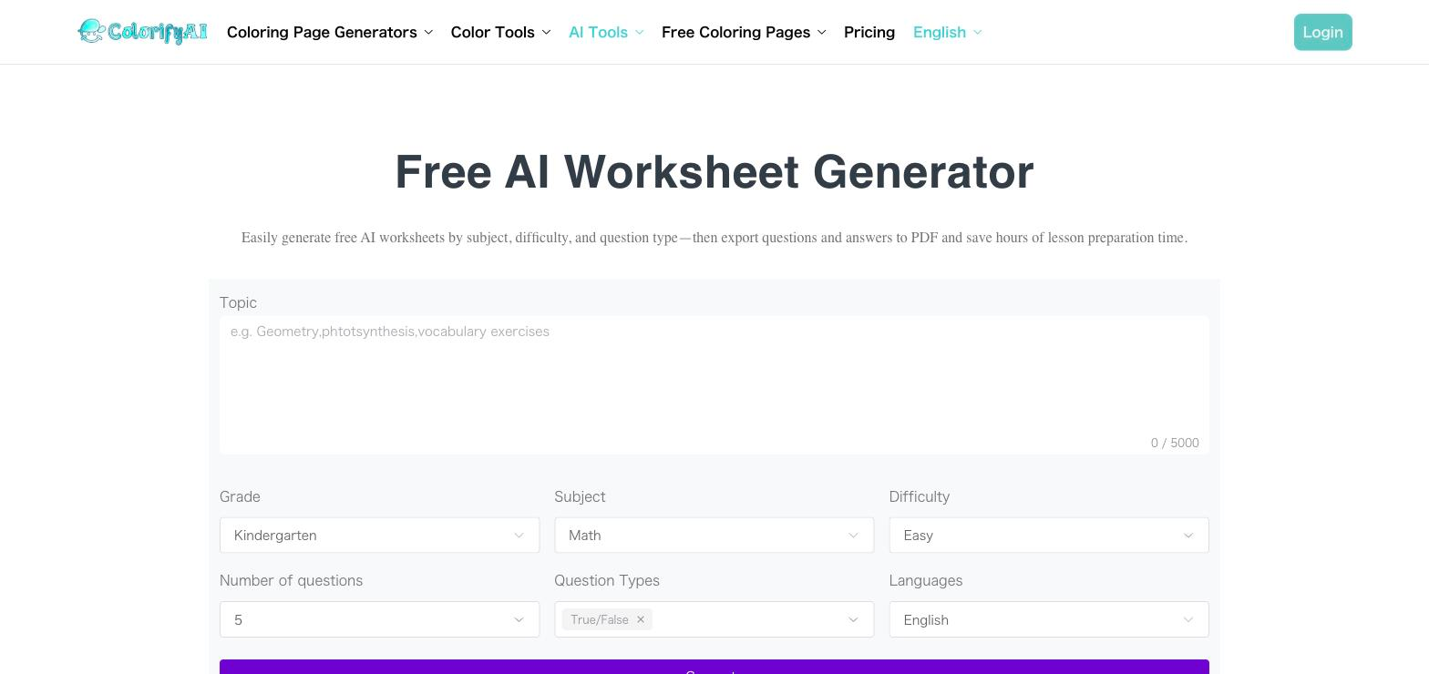 Colorify AI's live AI Worksheet Generator interface with fields for Topic, Grade, Subject, Difficulty, Number of questions, Question Types, and Languages, plus a Generate button.