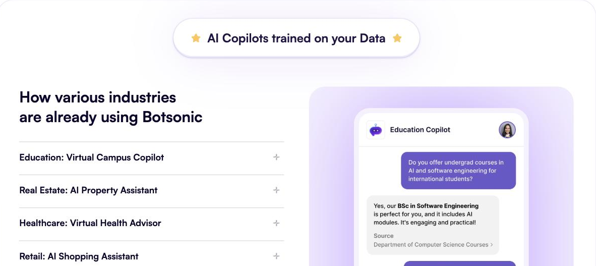 Botsonic homepage section headed 'How various industries are already using Botsonic', listing Education, Real Estate, Healthcare and Retail use cases beside a rendered Education Copilot chat window answering a question about undergraduate courses with a cited source link.