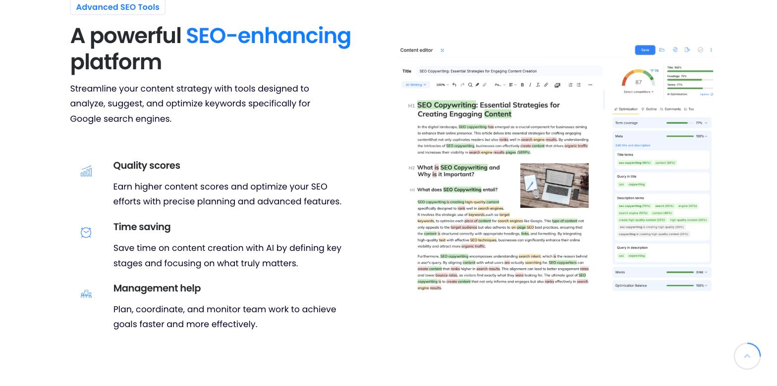 NeuronWriter 'A powerful SEO-enhancing platform' section showing its Content editor interface: a draft titled 'SEO Copywriting: Essential Strategies' with highlighted keyword terms, an optimization score gauge (87), term-coverage bars and a right-hand panel listing title/meta/description terms
