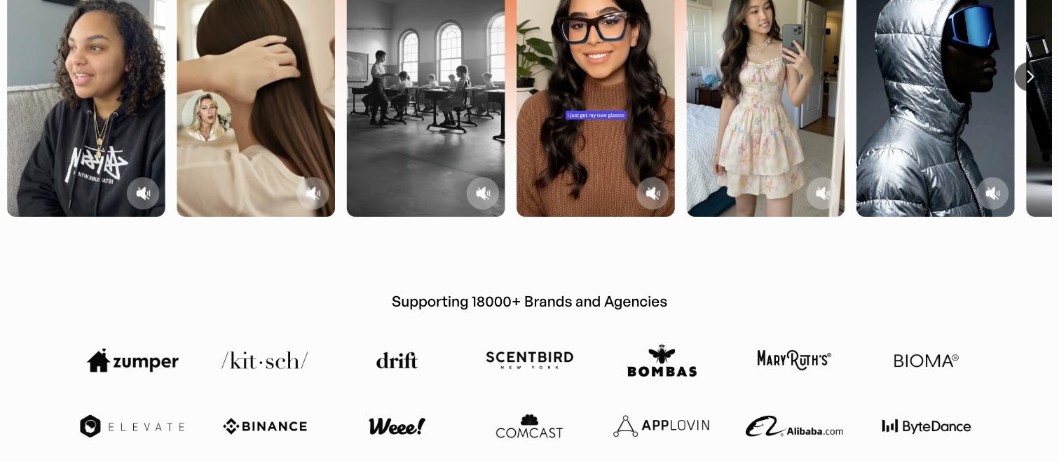 A horizontal strip of seven vertical AI-generated video ads on Creatify's homepage, including UGC-style presenter clips, a haircare clip, a classroom scene and two apparel clips, one captioned 'I just got my new glasses'.