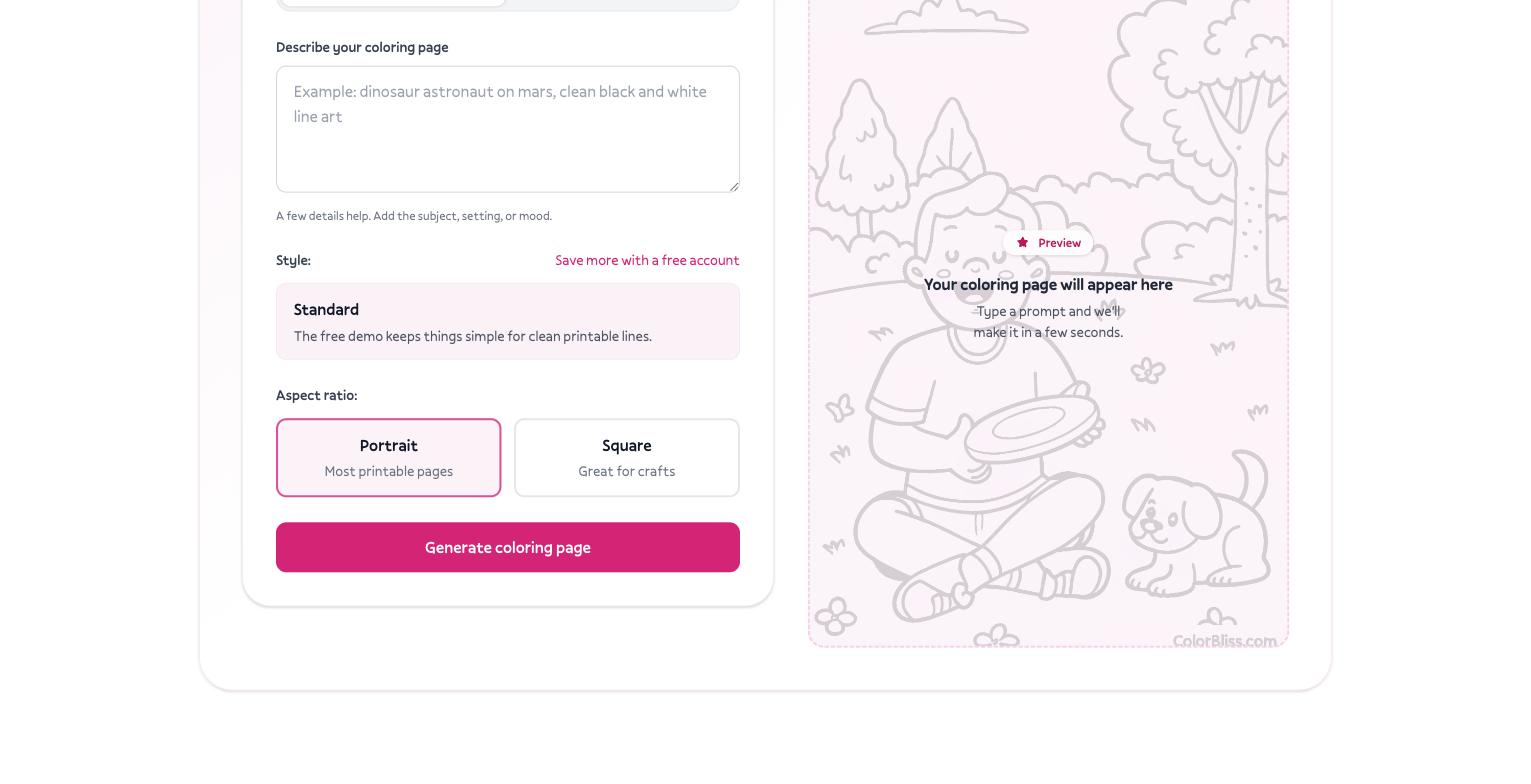ColorBliss coloring-page generator UI: 'Describe your coloring page' prompt input, Style selector (Standard), Aspect ratio options (Portrait/Square), 'Generate coloring page' button, and a live Preview panel.