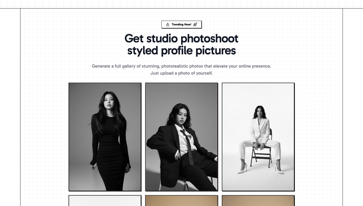 Three AI-generated studio-style profile portraits on ProfilePicture.AI: a woman in a black dress, a woman in a dark suit and tie seated, and a woman in a white suit seated on a chair, all shot against neutral studio backdrops