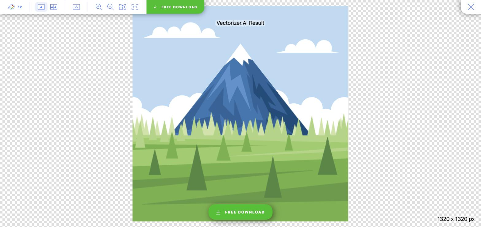Vectorizer.AI result-editor view after vectorizing the site's interactive mountain example, showing the vectorized illustration, editor toolbar, output dimensions, and result watermark.
