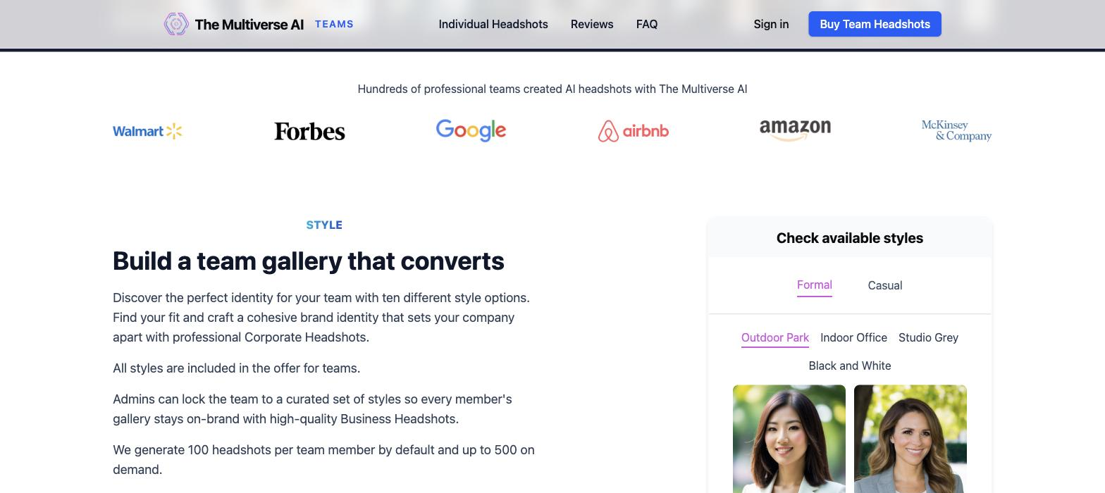 The Multiverse AI style-picker section showing Formal/Casual style tabs and sub-style options (Outdoor Park, Indoor Office, Studio Grey, Black and White), with example AI-generated headshots for the Outdoor Park style.