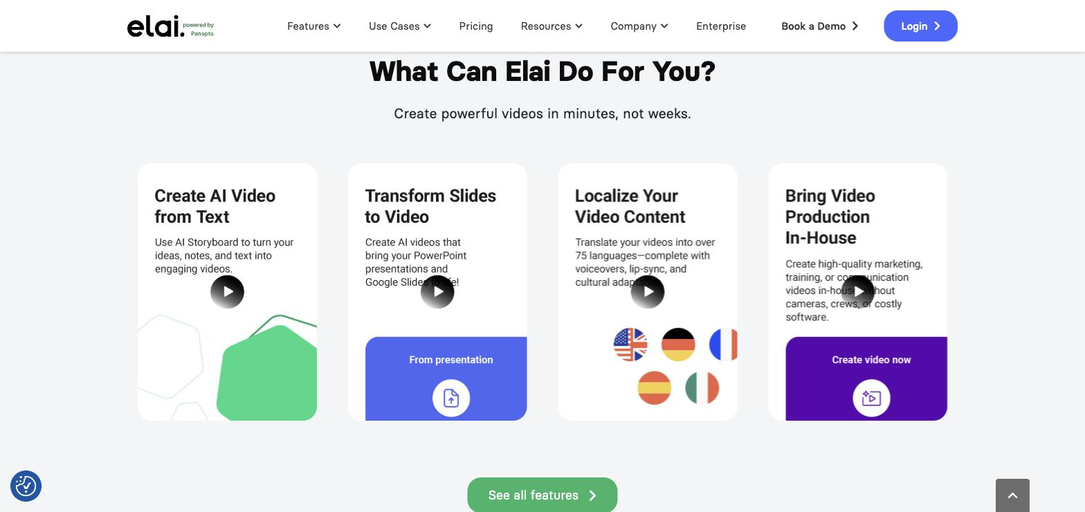 'What Can Elai Do For You?' feature section with four cards -- Create AI Video from Text, Transform Slides to Video, Localize Your Video Content, Bring Video Production In-House -- including flag icons representing language options.