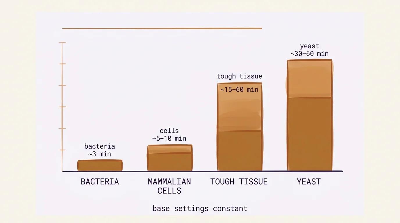 A clean editorial bar chart of PIXUL disruption time by sample type, bars ordered left-to-right by increasing wall resistance: bacteria approximately 3 minutes, mammalian cells 5 to 10 minutes, tough or frozen tissue 15 to 60 minutes, yeast 30 to 60 minutes; bars rendered in copper-amber on a soft purple-50 background with plum-purple axis labels in mono type, and a label beneath the chart reading &lsquo;base settings constant&rsquo; &mdash; visualizing that the harder the wall, the longer the run, not a different instrument.