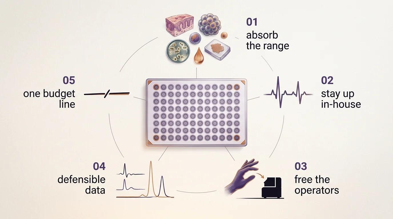 A central abstract focal point surrounded by the five jobs of a proteomics core's sample-prep front end: absorbing the range of samples, staying up in-house, freeing operators, producing defensible data, and fitting one budget line.