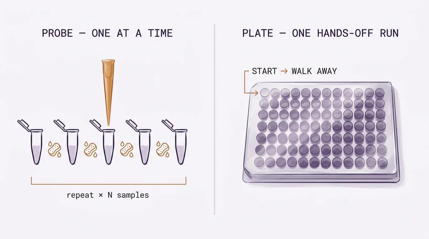 Side-by-side abstract handling contrast: on the left, a probe tip lowered into one tube with a 'clean between samples' step repeated down a row of tubes; on the right, a sealed 96-well plate run as a single 'start &rarr; walk away' step &mdash; same acoustic disruption, opposite handling models.