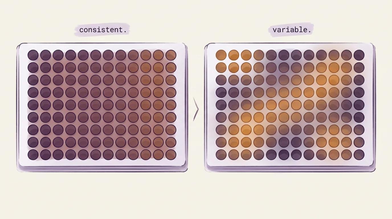 Two 96-well plates rendered side by side, shaded by result. Left plate &mdash; labeled &lsquo;consistent&rsquo; &mdash; shows uniform shade across all wells, indicating low well-to-well variation. Right plate &mdash; labeled &lsquo;variable&rsquo; &mdash; shows a patchy gradient, the kind of technical variation that surfaces later as a batch effect in quantitative proteomics data.