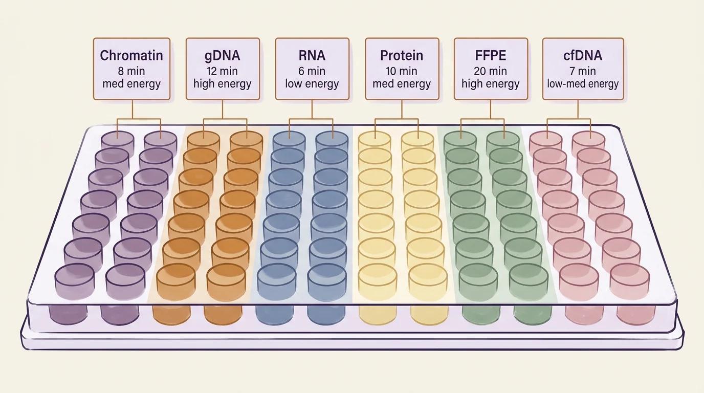 A single 96-well plate seen from a low isometric angle with columns color-coded by sample type &mdash; cells, bacteria, tough tissue, and FFPE &mdash; each column overlaid with a small protocol card showing its own independently authored disruption time (5, 15, 30 minutes), illustrating different protocols running in parallel across one plate in a single run.