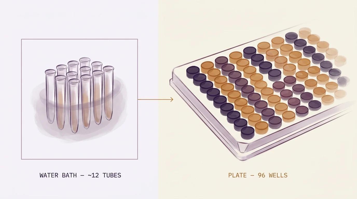 Side-by-side scale contrast rendered as abstract biology: on the left, a small rack of roughly twelve suspended tubes bounded in a single bath; on the right, a single 96-well plate expanding outward as a unified field &mdash; the same gentle disruption at two distinct scales.