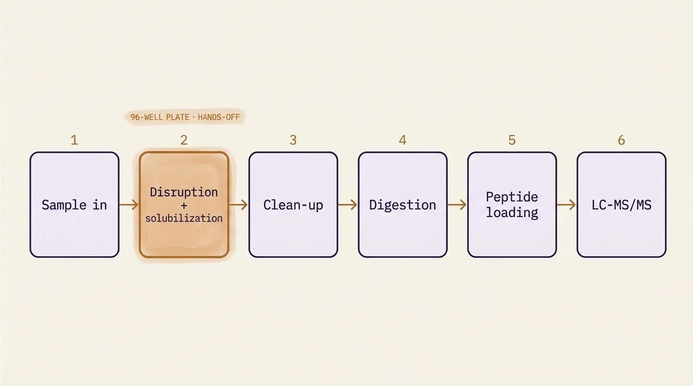 A proteomics pipeline diagram with the disruption step highlighted as where PIXUL fits, feeding unchanged cleanup, digestion, peptide loading, and LC-MS steps.