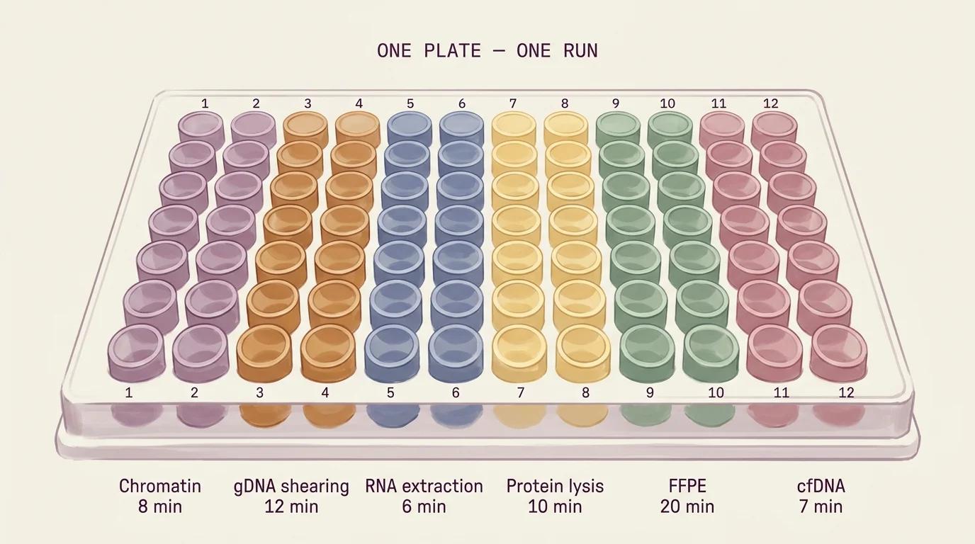 A single 96-well plate with columns color-coded by sample type &mdash; cells, bacteria, tough tissue, and FFPE &mdash; each column labeled with a different disruption time, showing one run absorbing a multi-PI core's range of work.