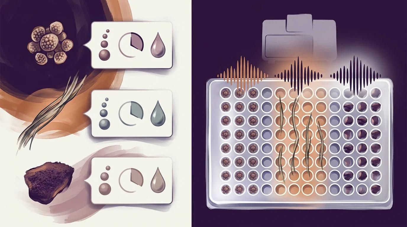 Side-by-side comparison: on the left, three distinct sample types &mdash; spore cluster, fibrous plant strand, tissue block &mdash; each paired with its own bead-beating recipe card listing bead size, time, and buffer (three separate protocols, &lsquo;specialize&rsquo;); on the right, a single 96-well plate with one sonicator above it, the same three sample types distributed across columns with acoustic energy and time adjusted per column (one standardized run, &lsquo;standardize&rsquo;).
