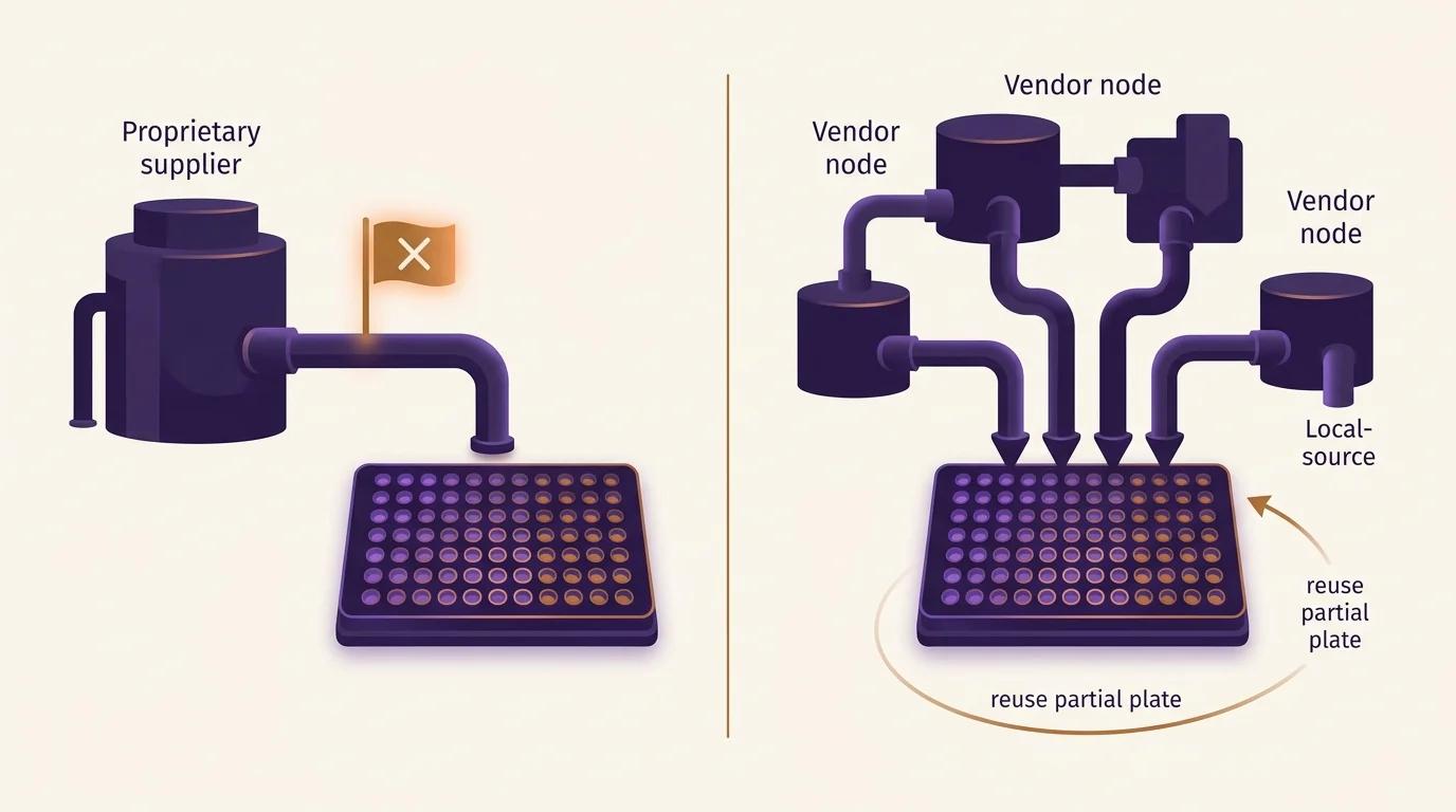 Two supply pictures for one sample-prep plate. On the left, a single proprietary supplier feeding a core with a back-order flag stopping the line. On the right, several vendors and a local source feeding the core, with a partial-plate reuse loop.
