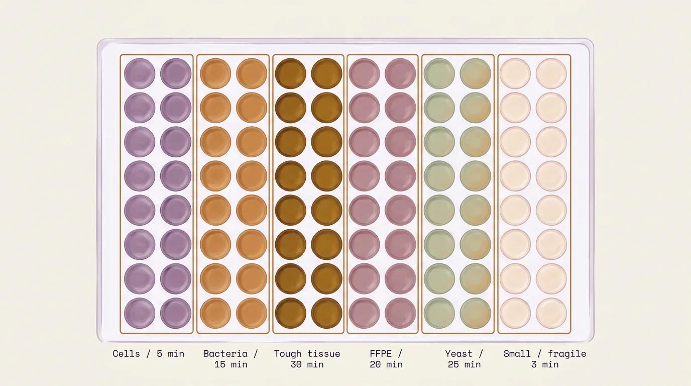 A single 96-well plate seen from a soft overhead angle, with six paired-column groupings color-coded by sample type and each pair labeled with its own disruption time: mammalian cells, bacterial pellets, tough fibrous tissue, archived FFPE blocks, walled yeast and fungal organisms, and small fragile starting material &mdash; the range of work a shared proteomics core actually faces, absorbed in a single run.