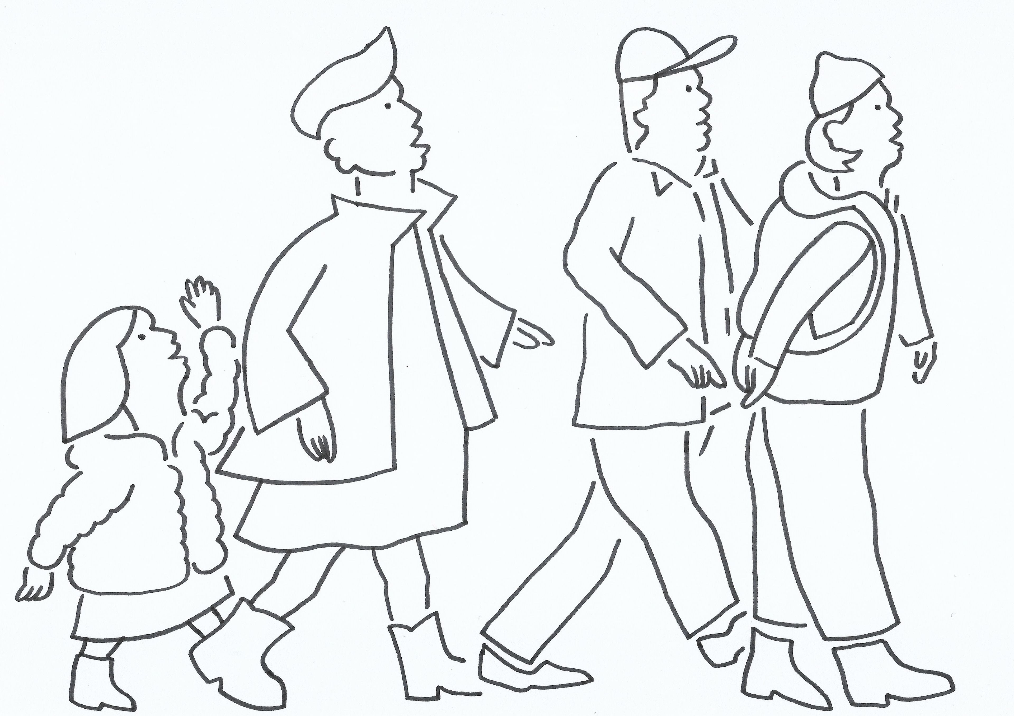 A line drawing of a child and three adults walking in the same direction